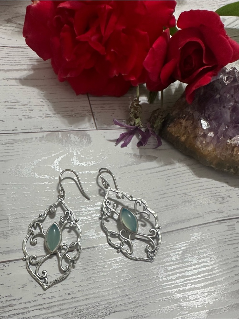 Silpada Sterling Silver”wandering ivy” 925 blue chalcedony  CZ Earrings